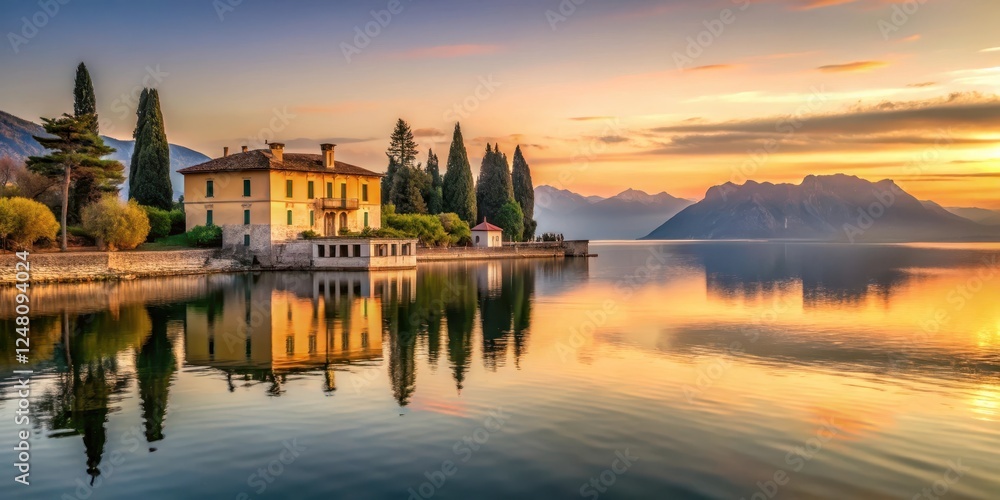 Fototapeta premium A serene lake view at sunset with the Il Vittoriale house in the background reflected on the calm water of lake garda, sunset