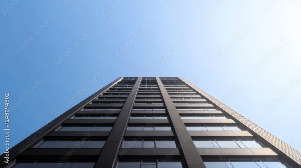 Modern high-rise building against clear blue sky in urban environment Modern high-rise building against clear blue sky in urban environment