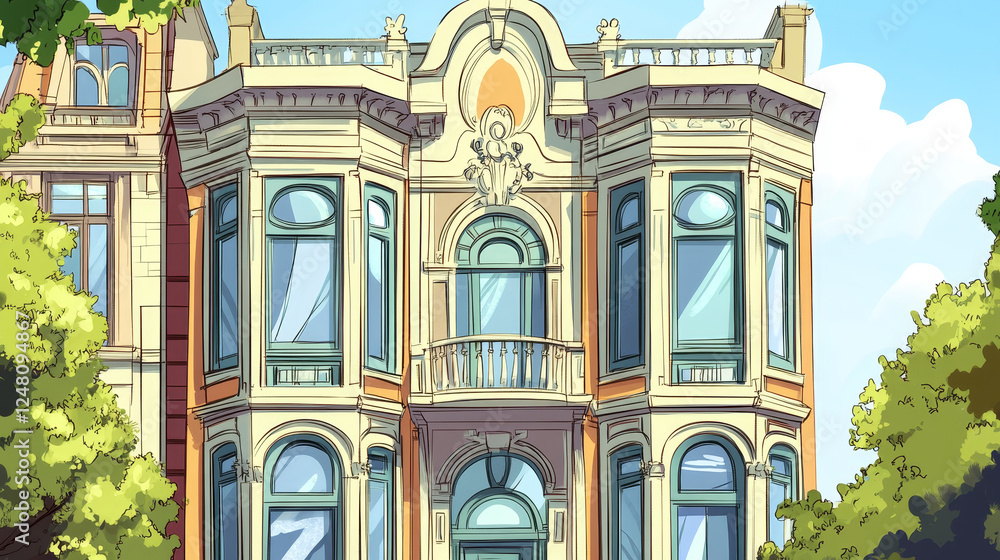 Fototapeta premium Vector house glass window frame isolated cartoon set on white background. Vintage building exterior illustration element collection. Beautiful architecture with retro and modern profile clipart
