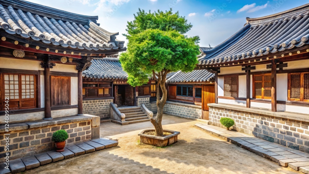 Traditional Korean courtyard with small tree in the center, surrounded by stone walls and tiled roofs, adjacent to a historic eastern dormitory , traditional courtyard, east Traditional Korean courtyard with small tree in the center, surrounded by stone walls and tiled roofs, adjacent to a historic eastern dormitory , traditional courtyard, east