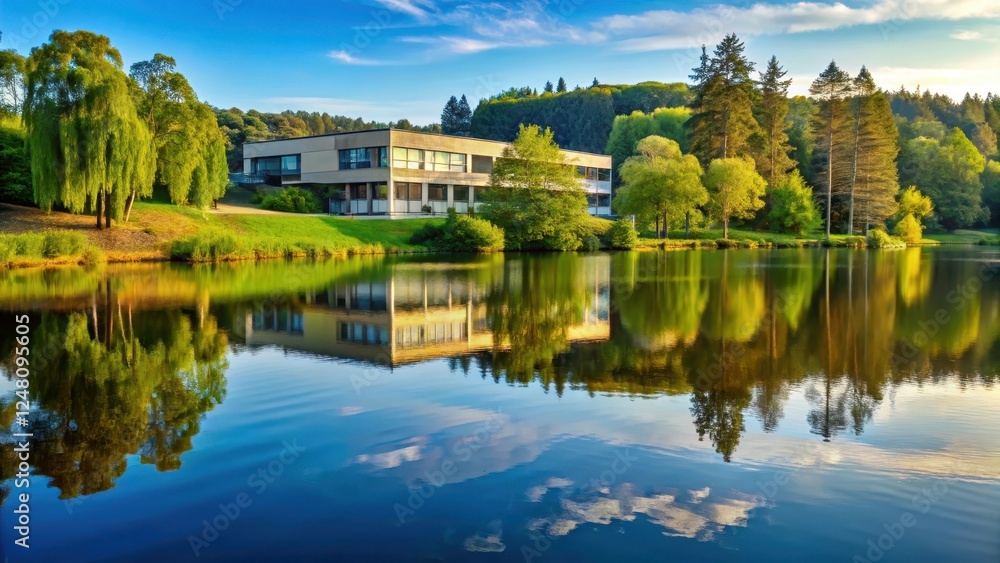 Modern educational institution standing alone in a natural landscape surrounded by trees and a calm lake, peaceful surroundings, solitude Modern educational institution standing alone in a natural landscape surrounded by trees and a calm lake, peaceful surroundings, solitude