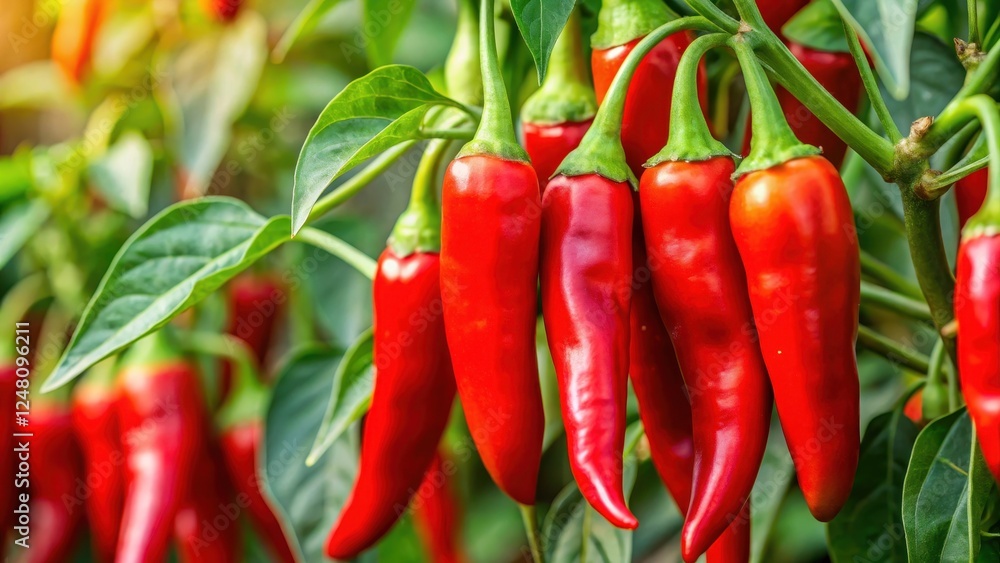 Close-up of vibrant red chili peppers ripening on a plant stem , chilies, harvest, chilies, harvest, close-up, vegetable Close-up of vibrant red chili peppers ripening on a plant stem , chilies, harvest, chilies, harvest, close-up, vegetable