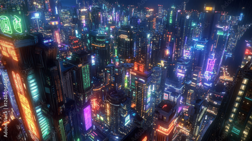 Modern night city view from top of roof. Cartoon vector illustration of cityscape illuminated with colorful neon lights in windows, skyscraper buildings shining in darkness, megalopolis architecture Modern night city view from top of roof. Cartoon vector illustration of cityscape illuminated with colorful neon lights in windows, skyscraper buildings shining in darkness, megalopolis architecture