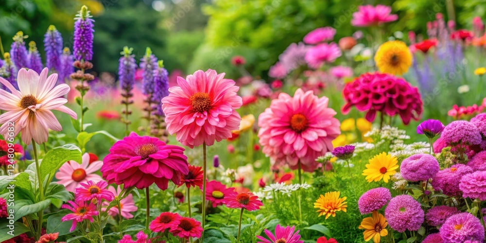 Vibrant display of bright pink blossoms in a lush garden setting with a variety of colorful wildflowers and greenery, vibrant flowers, flower garden Vibrant display of bright pink blossoms in a lush garden setting with a variety of colorful wildflowers and greenery, vibrant flowers, flower garden
