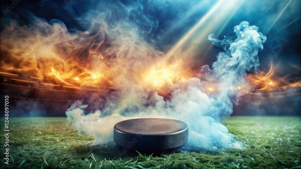 Puck on a vibrant field amidst swirling smoke, sports action, outdoor field Puck on a vibrant field amidst swirling smoke, sports action, outdoor field