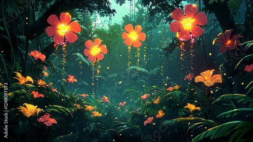 Wallpaper Mural Enchanted Forest Path with Glowing Orange Flowers Pixel Art Torontodigital.ca