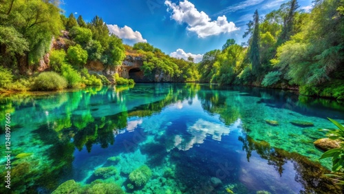 Crystal clear waters of Melissani Lake reflected in the surrounding lush greenery on Kefalonia Island