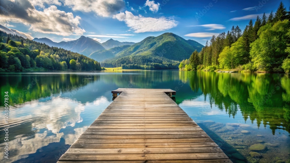 Fototapeta premium Serene wooden jetty on a peaceful lake with surrounding mountains and lush greenery , nature, serene, nature
