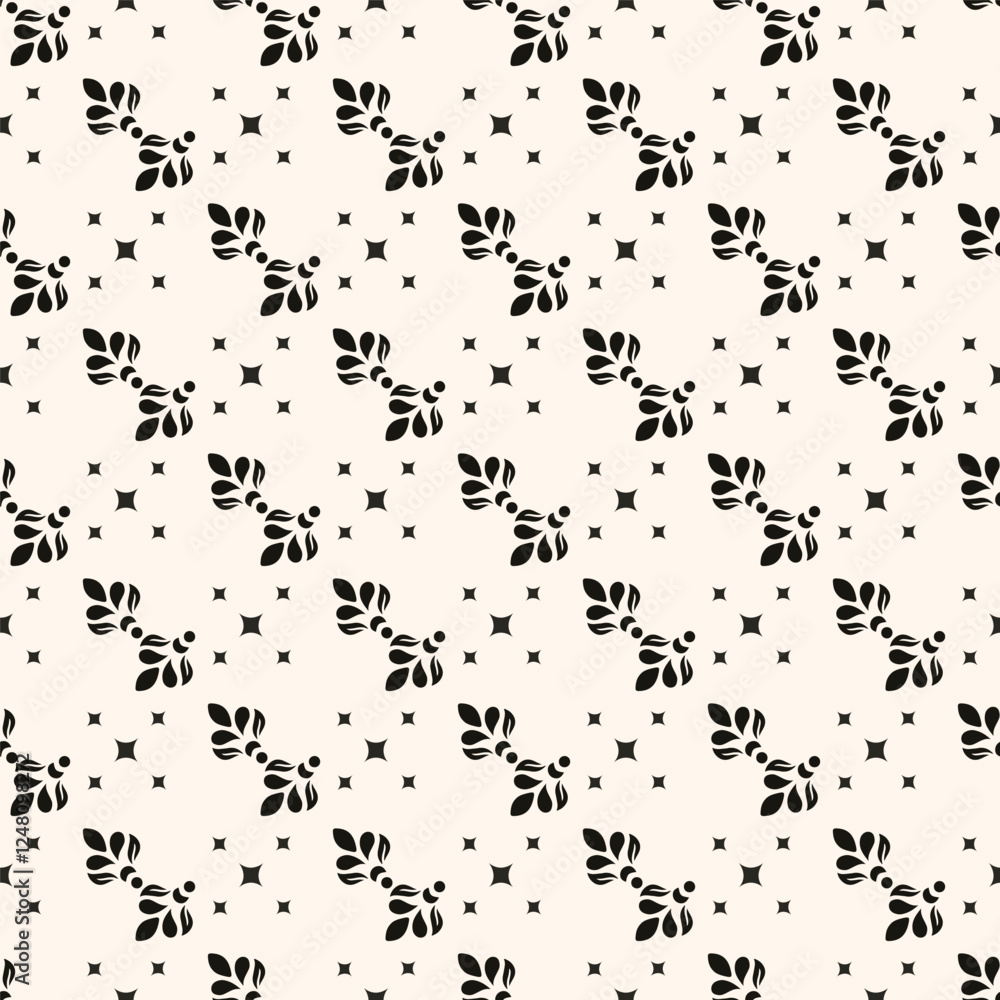 Simple minimalist floral pattern. Minimal seamless texture with small flower shapes. Abstract black and white geometric background. For print, package Simple minimalist floral pattern. Minimal seamless texture with small flower shapes. Abstract black and white geometric background. For print, package