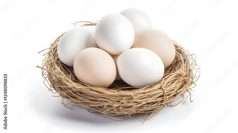 A close up view of farm fresh duck eggs gently nestled in a small woven nest displayed on a bright white background This natural A close up view of farm fresh duck eggs gently nestled in a small woven nest displayed on a bright white background This natural