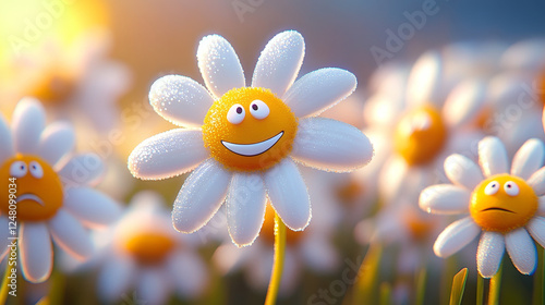 Daisy chamomile face emotions cartoon vector set. Isolated camomile flower character with bitten petal and mood expression. Comic groovy smile, sad, distrustful and cheerful bloom plant head. photo