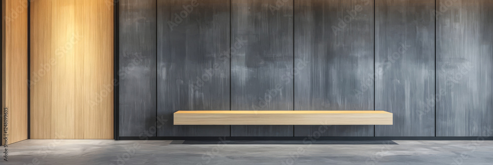 Modern interior design featuring minimalist wood bench in contemporary space Modern interior design featuring minimalist wood bench in contemporary space