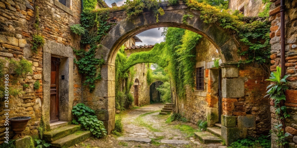 Fototapeta premium Overgrown archway with vines and moss, surrounded by old stone walls and worn brick buildings in a rural courtyard, rustic charm, old architecture