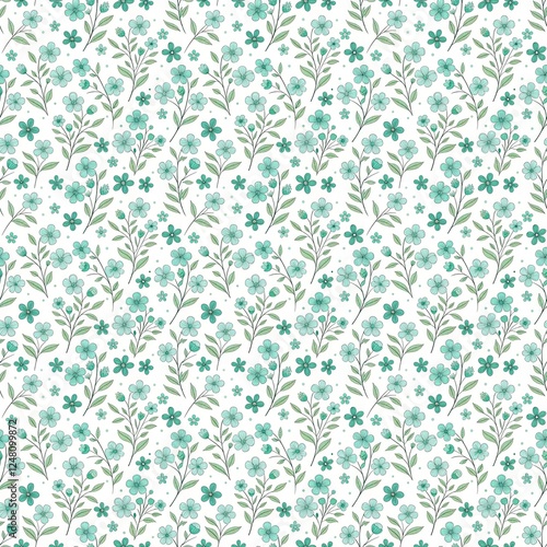 Blue floral seamless repeating pattern on a white background 