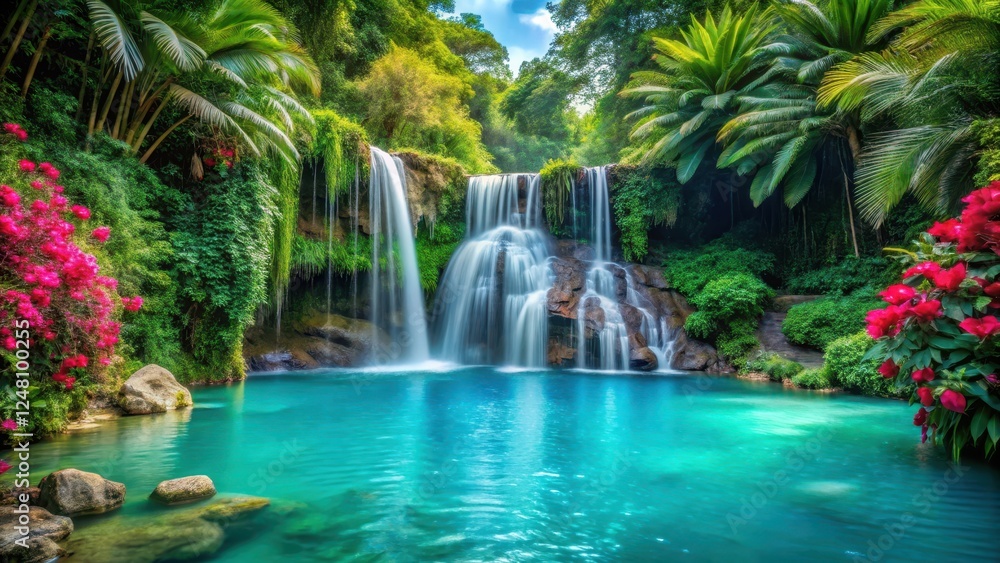 Waterfall cascading into a tranquil turquoise pool surrounded by lush green vegetation and exotic tropical flowers Waterfall cascading into a tranquil turquoise pool surrounded by lush green vegetation and exotic tropical flowers