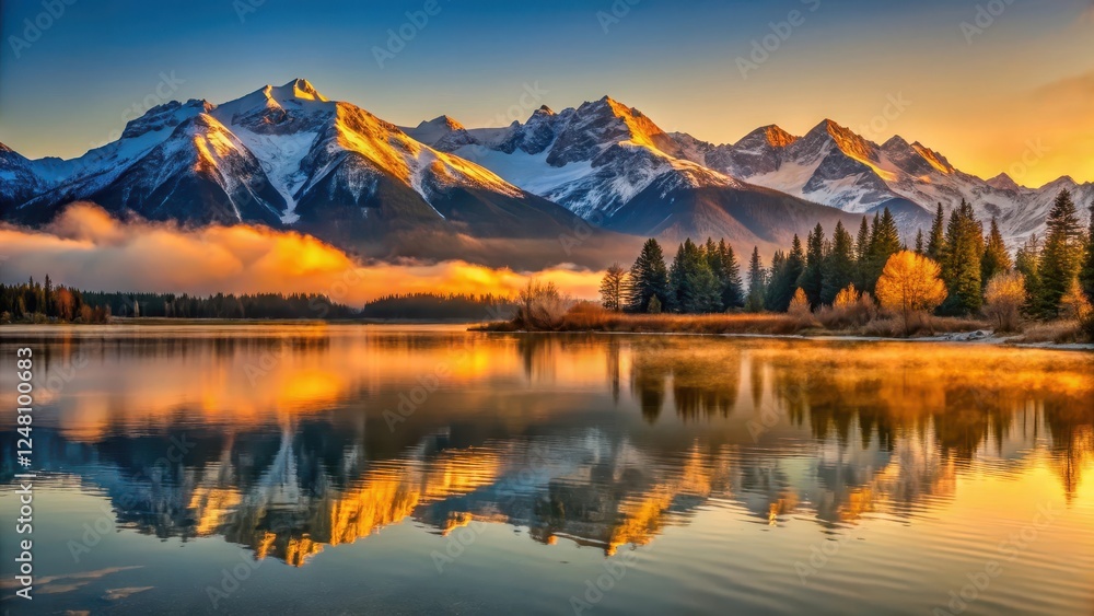 Golden sunrise over a mountain range with snow-capped peaks and a lake in the foreground Golden sunrise over a mountain range with snow-capped peaks and a lake in the foreground
