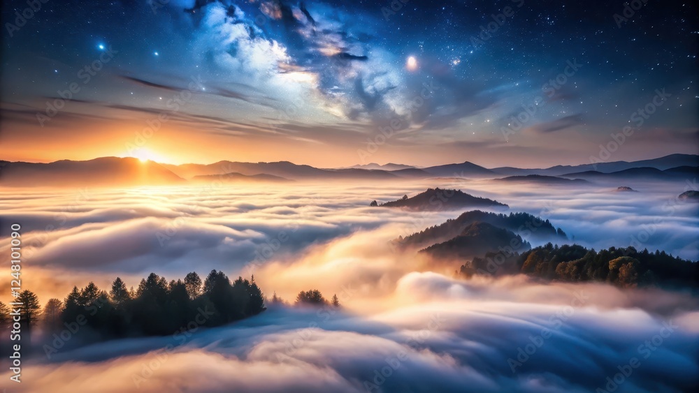 Obraz premium Misty veil descends slowly across the night sky, shrouding all in a thick layer of fog, foggy valleys, foggy scene