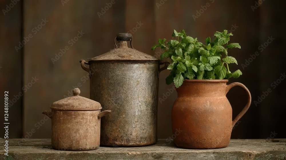 Rustic kitchen scene featuring clay pots and fresh herbs on a wooden surface. Rustic kitchen scene featuring clay pots and fresh herbs on a wooden surface.