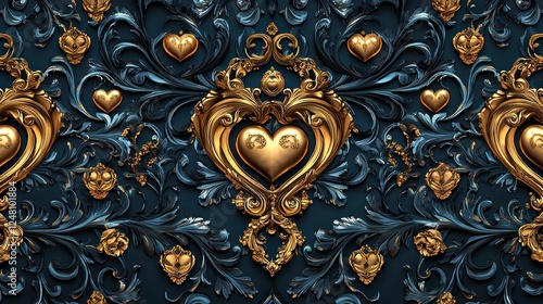 Ornate golden hearts with intricate patterns.