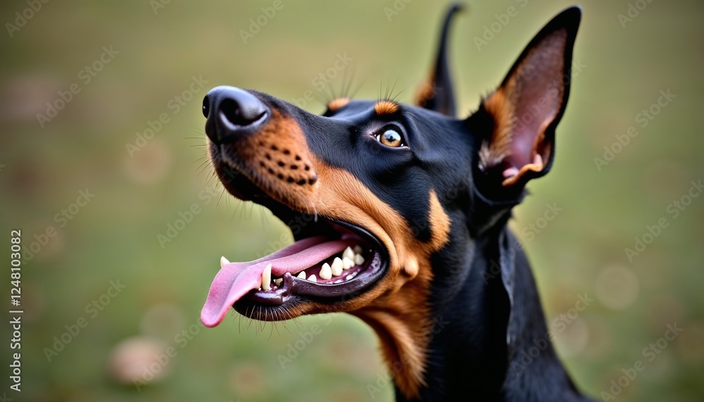 Doberman dog barking happily in a green outdoor background Doberman dog barking happily in a green outdoor background
