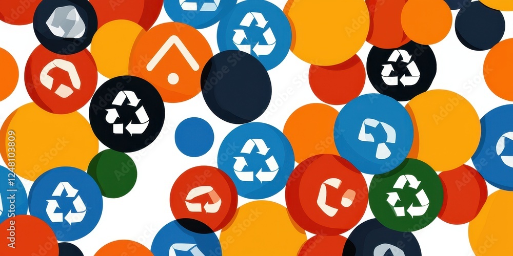 Colorful circles with recycling symbols on a white background, representing sustainability and eco-friendliness. Colorful circles with recycling symbols on a white background, representing sustainability and eco-friendliness.