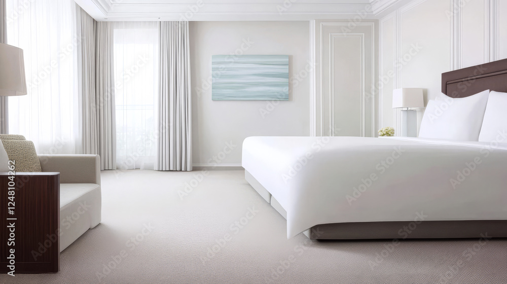 Elegant hotel room featuring a spacious design and calming decor in bright lighting Elegant hotel room featuring a spacious design and calming decor in bright lighting