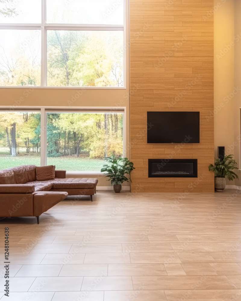 Fototapeta premium Cozy living room with large windows overlooking autumn forest in a modern home