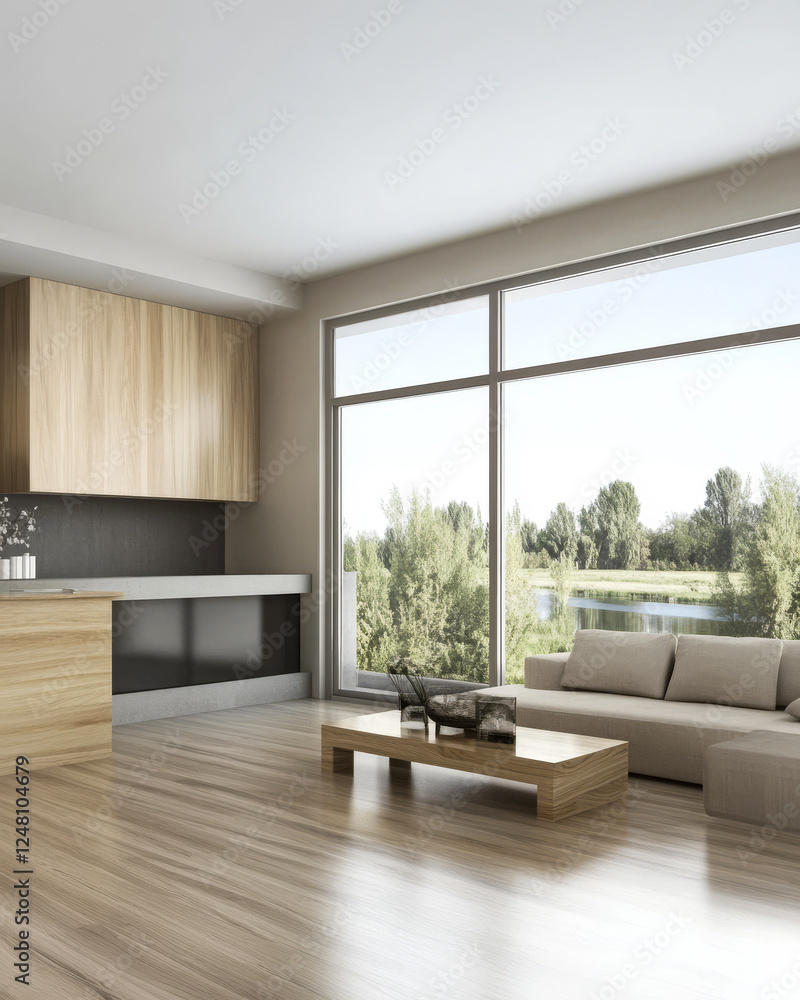 Fototapeta premium Modern living room with large windows overlooking a green landscape during daylight