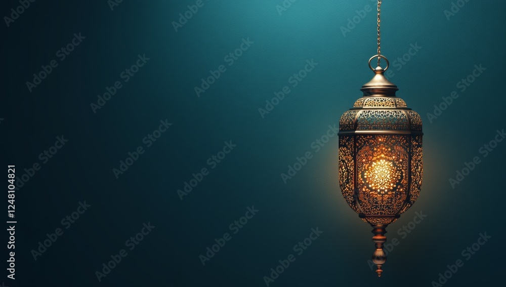 Glowing Ramadan lantern hanging, teal background, festive (1) Glowing Ramadan lantern hanging, teal background, festive (1)