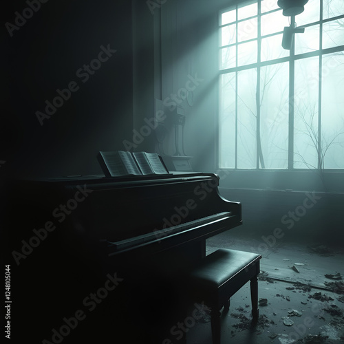 Dreary atmospheric soundscapes with darkened ambiance and washed-out pianos resonating from abandoned spaces photo