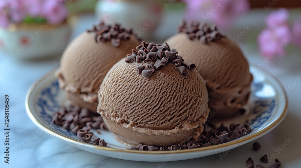 Chocolate ice cream scoops, floral background, dessert plate Chocolate ice cream scoops, floral background, dessert plate