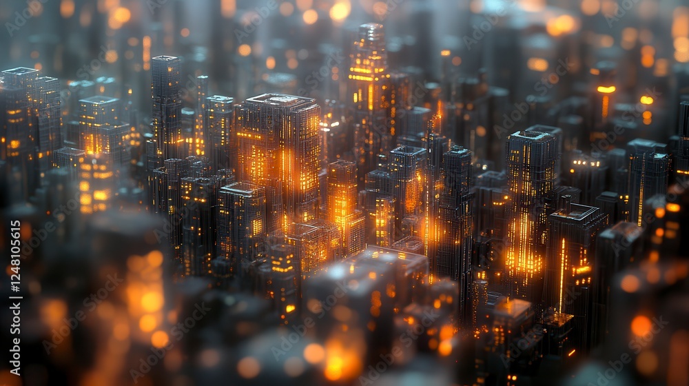 Fototapeta premium Glowing Futuristic Cityscape at Night Dark Metallic Buildings and Blurred Lights