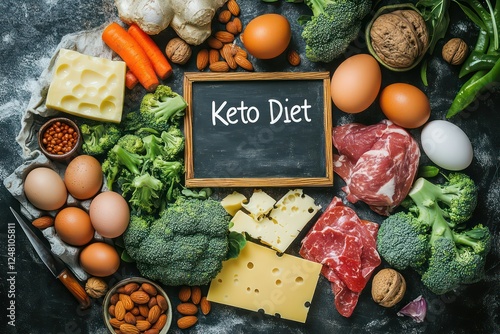 A colorful assortment of keto staples like broccoli, eggs, cheese, and nuts, arranged around a chalkboard with 