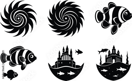 Ocean swirls, clownfish, underwater castles, black and white icons