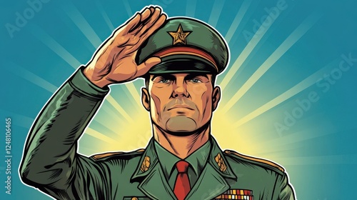 Salute of Duty: A stylized illustration of a stern military officer in uniform, offering a salute against a backdrop of patriotic hues. Evoking a sense of respect and service.