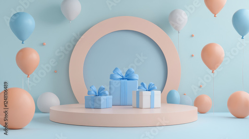 Wallpaper Mural 3D Father Day celebration scene with circular podium display, elegant wrapped gift boxes with blue ribbon, floating balloons. Minimal festive composition design with greeting text on pastel background Torontodigital.ca
