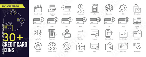 Credit Card Stroke icon collections. Containing payment, accepted, secure, money, contactless, ATM, wallet and more icons. Editable Stroke icon collection Outline icon