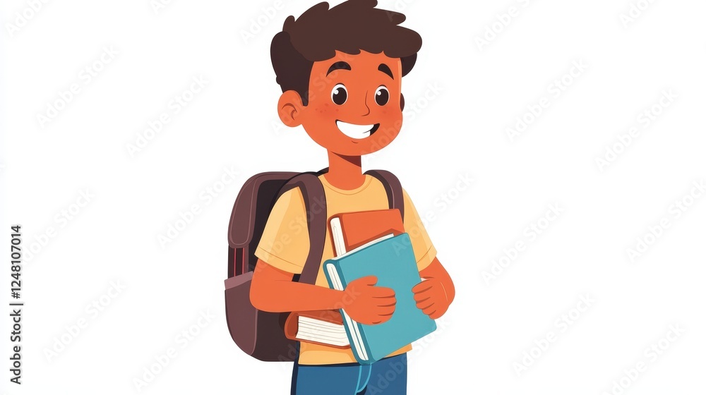 Ready for Knowledge: A young, smiling student, filled with anticipation, carries a stack of books and a backpack, embodying the eagerness of learning and the joy of school. Ready for Knowledge: A young, smiling student, filled with anticipation, carries a stack of books and a backpack, embodying the eagerness of learning and the joy of school.