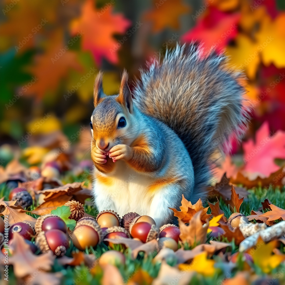 Obraz premium A squirrel collecting acorns with colorful fall foliage in the background