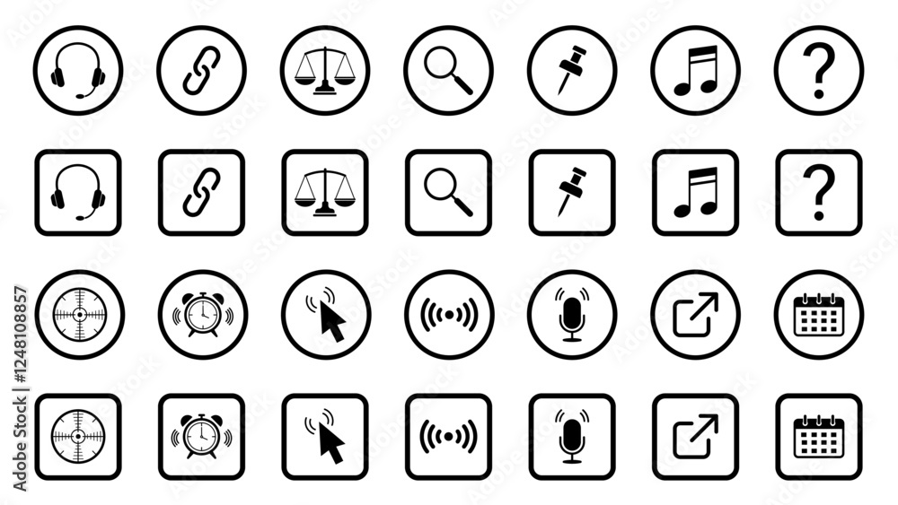 Web icon set. Arrow; airplane; tool; web; calendar; vector; buttons; search; chart; target; headphones; question; chain; email; wifi; vector; clok; note Vector illustration Web icon set. Arrow; airplane; tool; web; calendar; vector; buttons; search; chart; target; headphones; question; chain; email; wifi; vector; clok; note Vector illustration