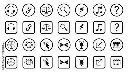 Web icon set. Arrow; airplane; tool; web; calendar; vector; buttons; search; chart; target; headphones; question; chain; email; wifi; vector; clok; note Vector illustration