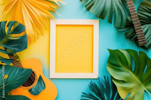 A colorful tropical leaf frame made of paper art with a minimalistic pastel blue and yellow background. photo