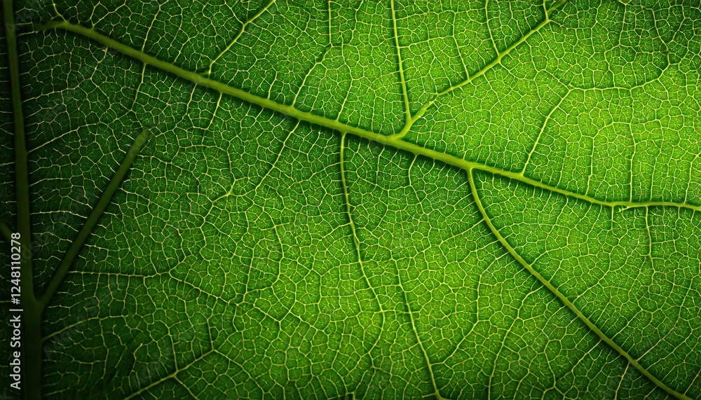Fototapeta premium Explore the mesmerizing details of nature with a macro shot revealing the intricate veins and glowing green gradients of a leaf, showcasing organic beauty in vivid detail and texture.