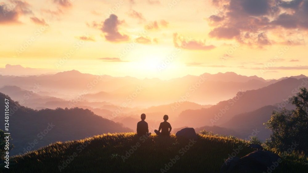 Fototapeta premium Couple meditating sunrise mountaintop