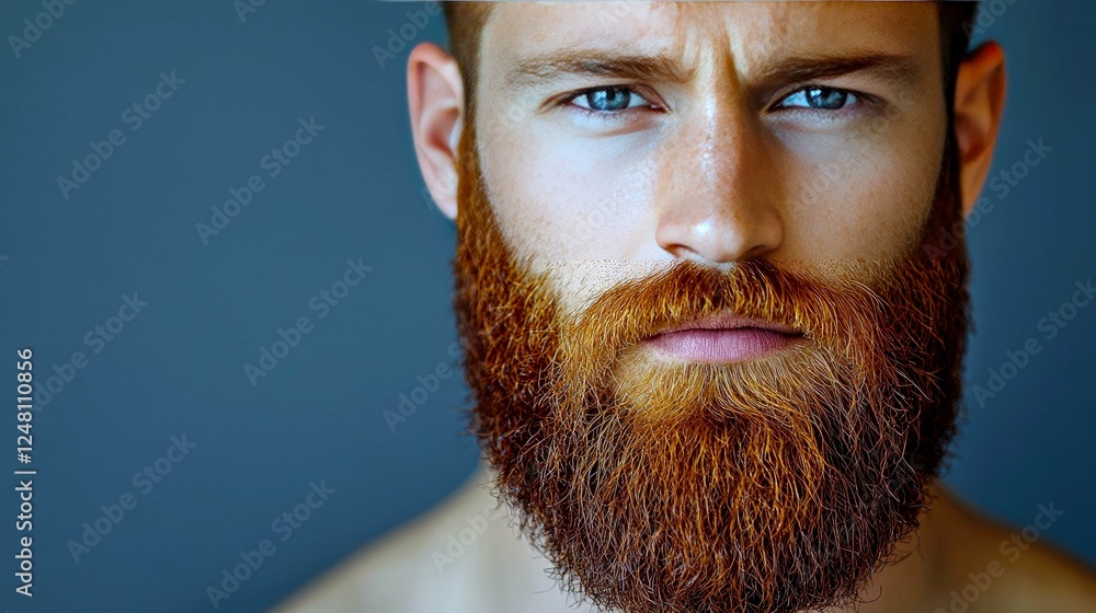 Obraz premium Close-up Portrait of a Man with a Striking Red Beard and Intense Gaze. A Captivating Image Showcasing Male Beauty and Fashion.