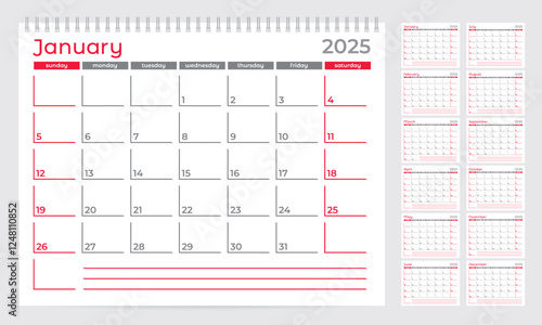 Calendar 2025 planner template. Week start on Sunday. Set of 12 months. Vector illustration