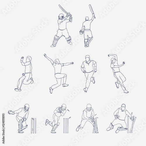 Vector cricket players action gesture line art illustration. Set of cricket players. Batsman, bowler and wicketkeeper line art set. One line drawing silhouette