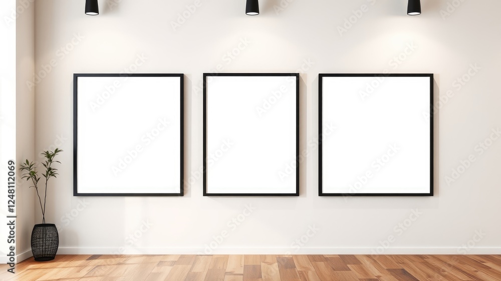 Minimalist Interior Design Mockup Three Blank Frames on a Light Wall Above Hardwood Floor with a Small Plant in a Basket Minimalist Interior Design Mockup Three Blank Frames on a Light Wall Above Hardwood Floor with a Small Plant in a Basket