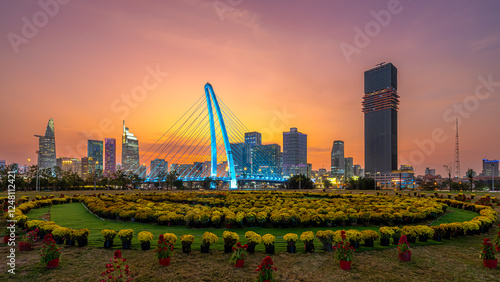 Sunset In Ho Chi Minh City, Ba Son bridge lights up, 