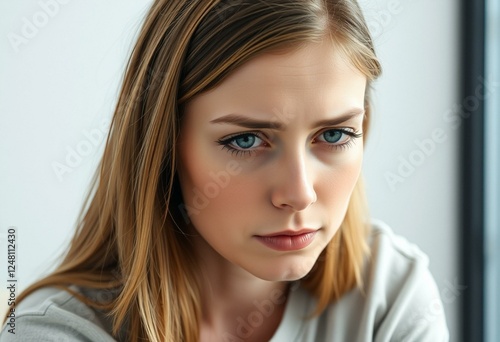 Tired-looking female with dark circles under her eyes photo